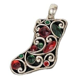 Vintage Christmas Stocking Pendant Red Green Rhinestone Holiday Jewelry